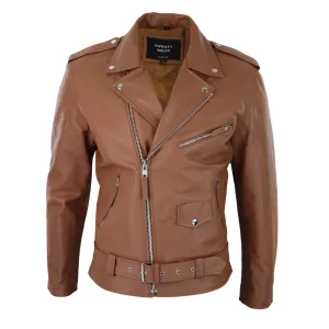 Men's Cow Hide Original Cross Zip Brando Biker Motorcycle Leather Jacket Tan