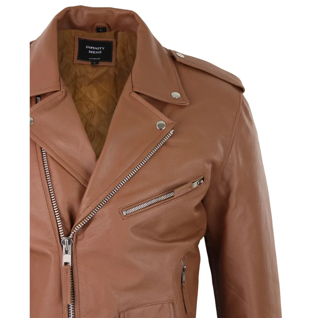 Men's Cow Hide Original Cross Zip Brando Biker Motorcycle Leather Jacket Tan