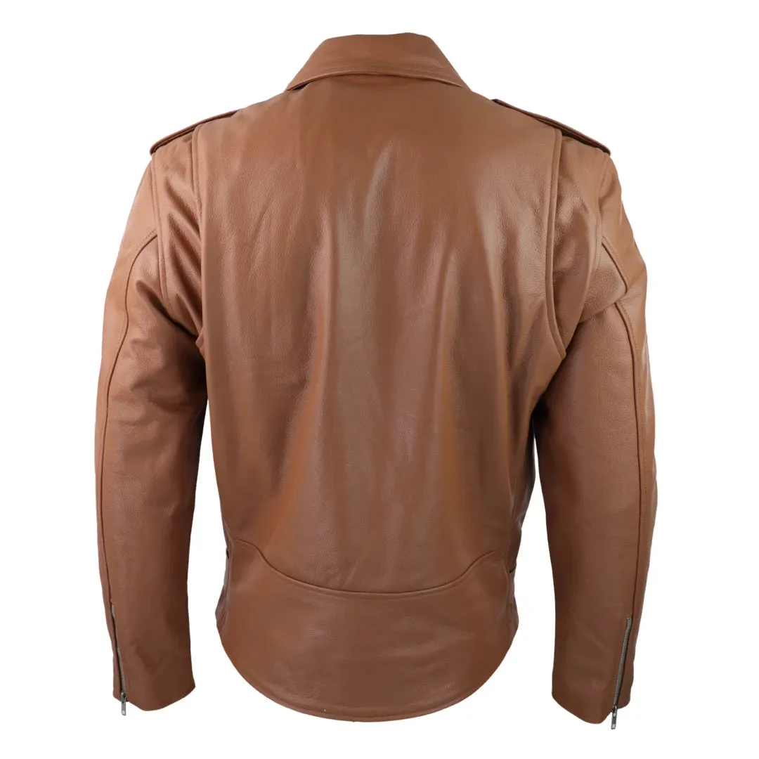 Men's Cow Hide Original Cross Zip Brando Biker Motorcycle Leather Jacket Tan