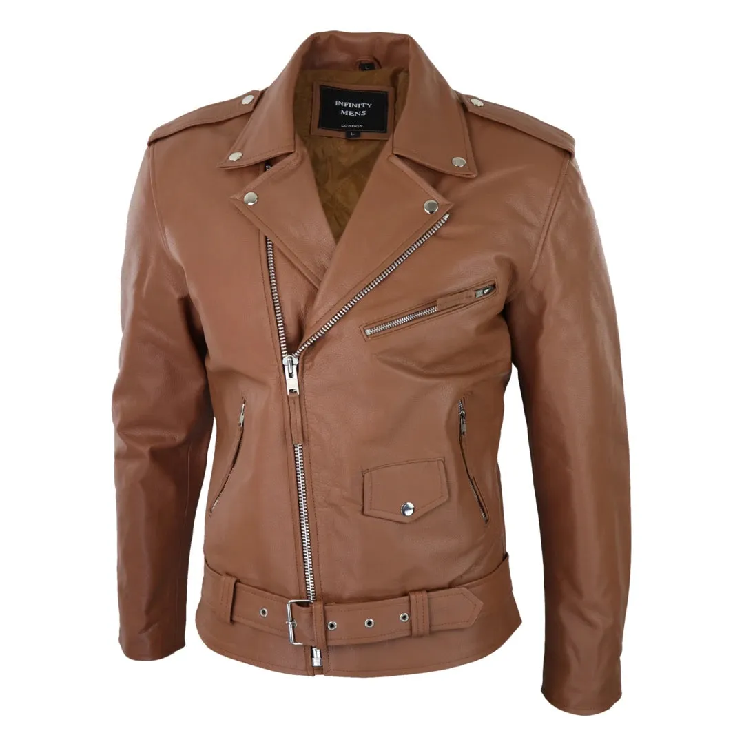 Men's Cow Hide Original Cross Zip Brando Biker Motorcycle Leather Jacket Tan