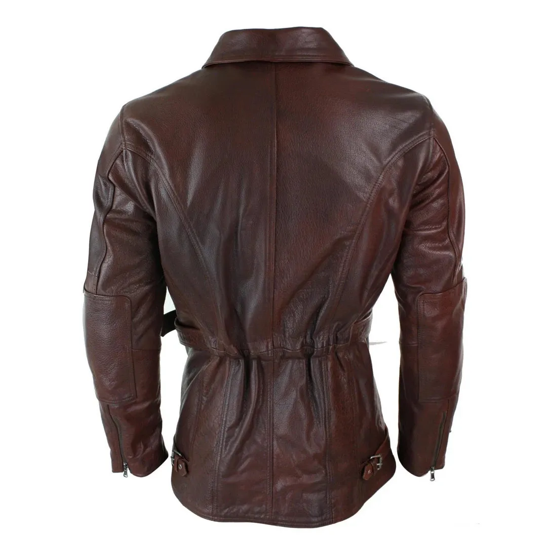Men's Cross Zip Belted Black 3/4 Motorcycle Biker Long Leather Jacket CE Armour