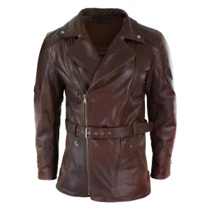 Men's Cross Zip Belted Black 3/4 Motorcycle Biker Long Leather Jacket CE Armour
