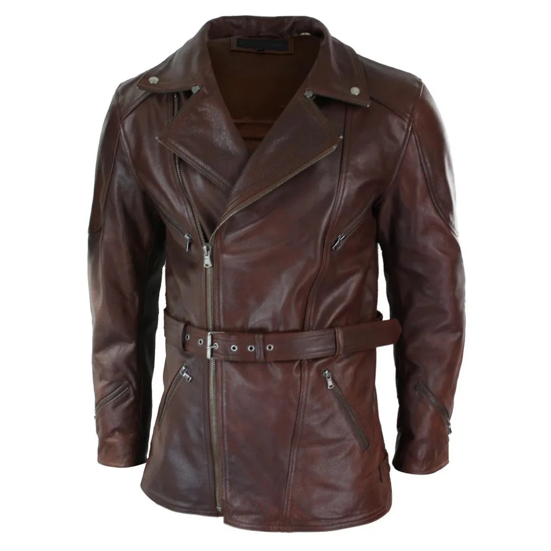 Men's Cross Zip Belted Black 3/4 Motorcycle Biker Long Leather Jacket CE Armour