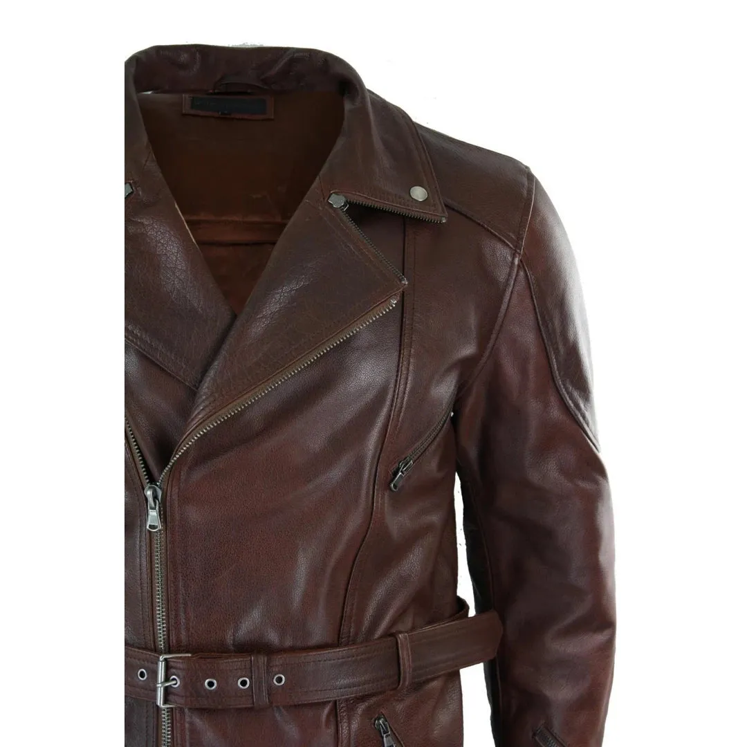 Men's Cross Zip Belted Black 3/4 Motorcycle Biker Long Leather Jacket CE Armour