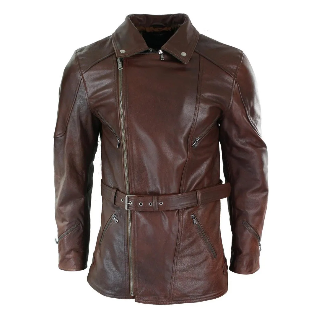 Men's Cross Zip Belted Black 3/4 Motorcycle Biker Long Leather Jacket CE Armour
