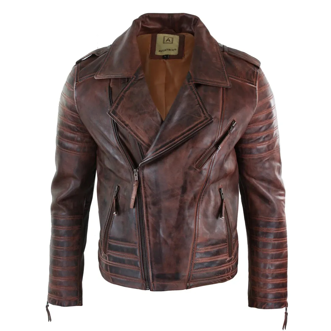 Men's Cross Zip Biker Jacket Black Leather Urban