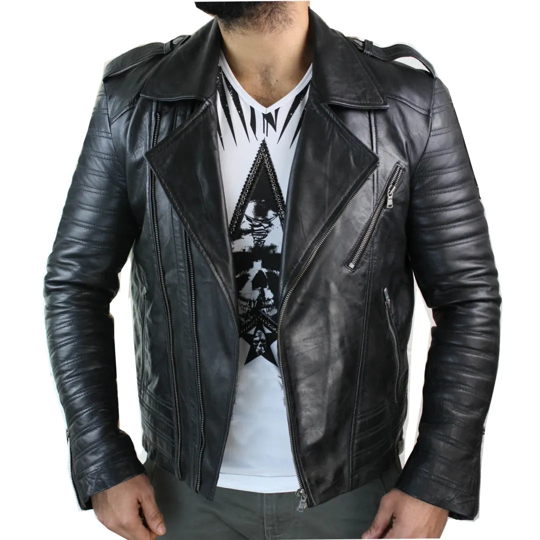 Men's Cross Zip Biker Jacket Black Leather Urban