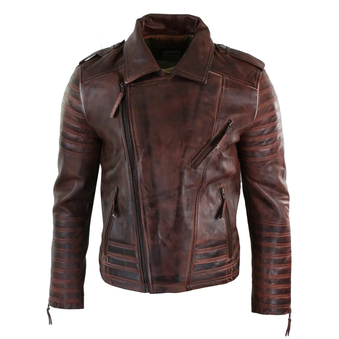 Men's Cross Zip Biker Jacket Black Leather Urban