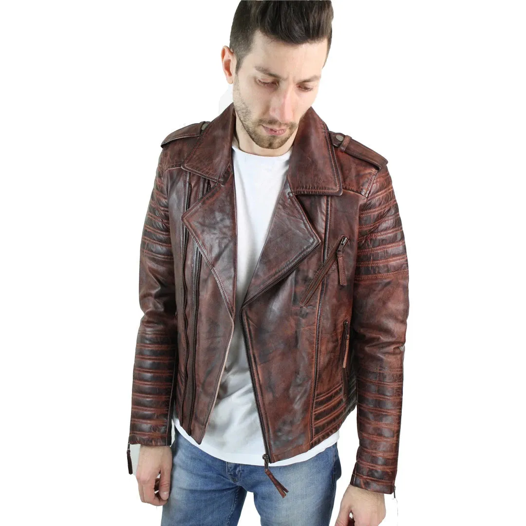 Men's Cross Zip Biker Jacket Black Leather Urban
