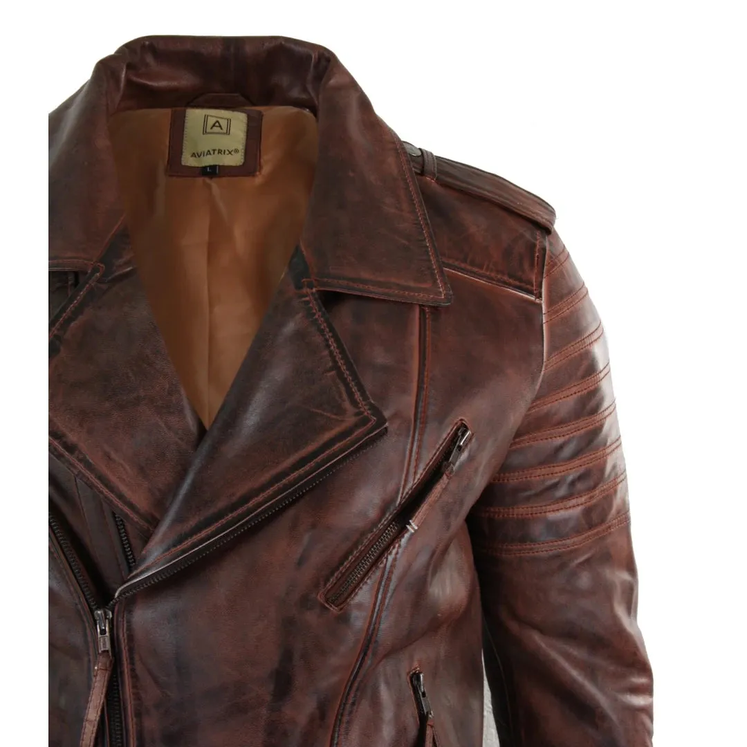 Men's Cross Zip Biker Jacket Black Leather Urban