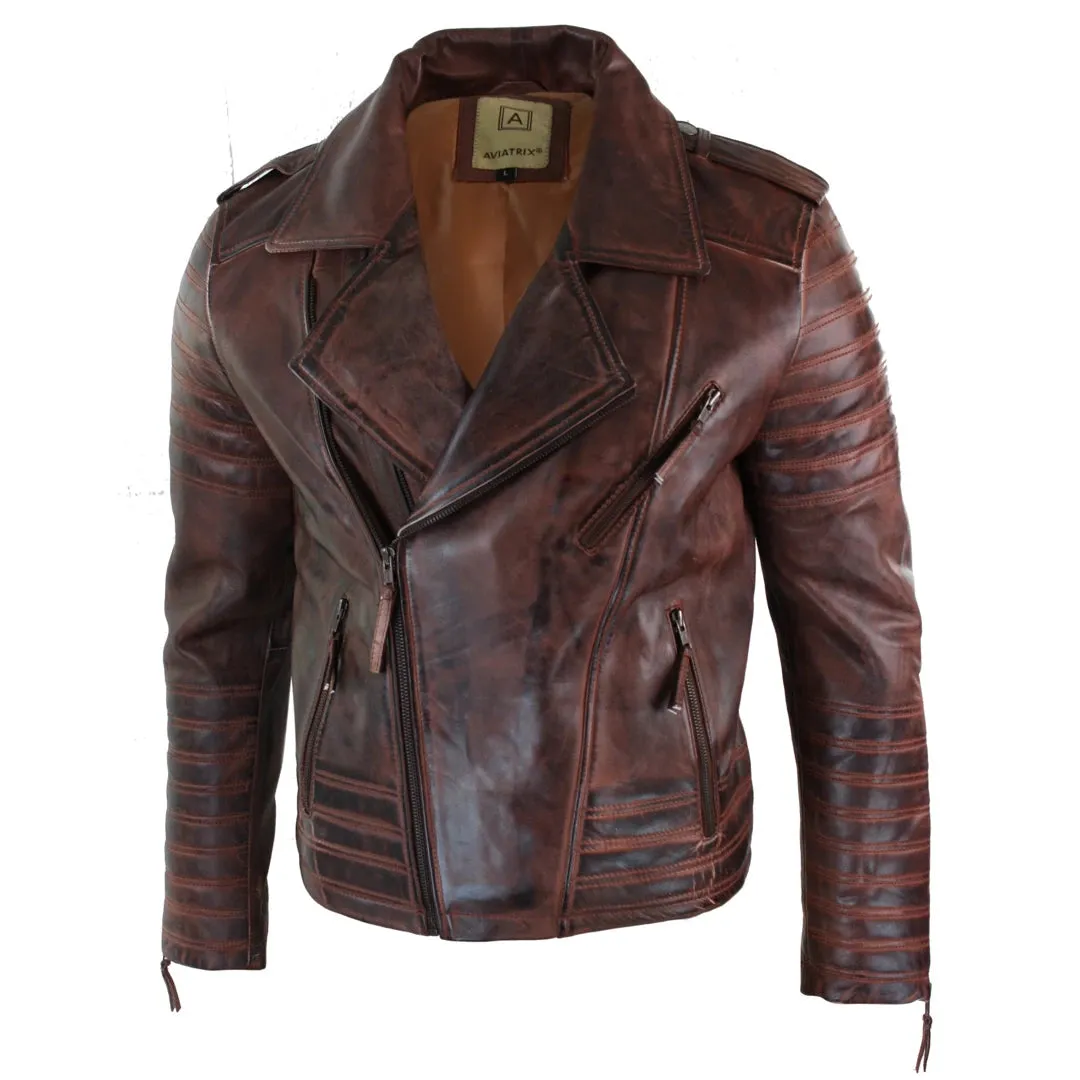 Men's Cross Zip Biker Jacket Black Leather Urban