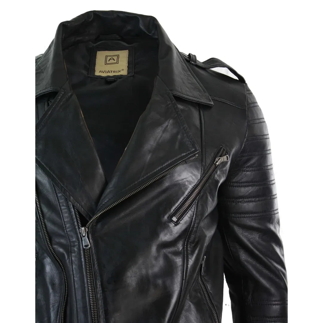 Men's Cross Zip Biker Jacket Black Leather Urban