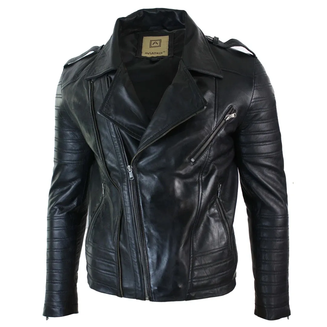 Men's Cross Zip Biker Jacket Black Leather Urban