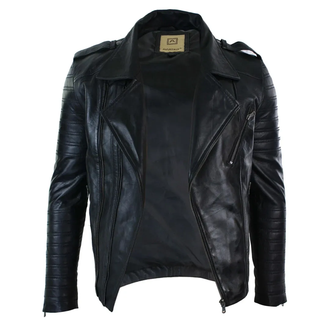 Men's Cross Zip Biker Jacket Black Leather Urban
