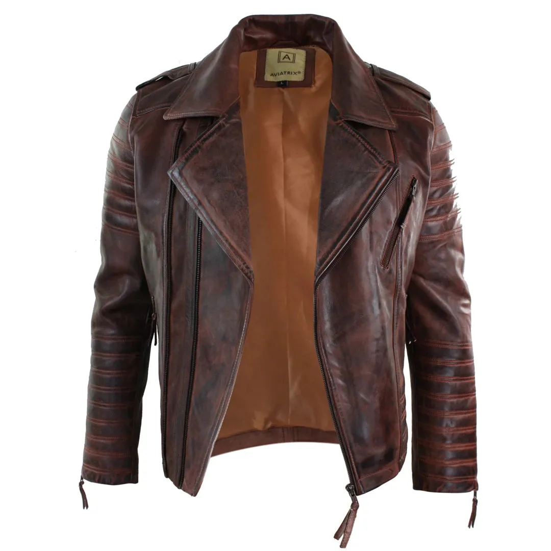Men's Cross Zip Biker Jacket Black Leather Urban