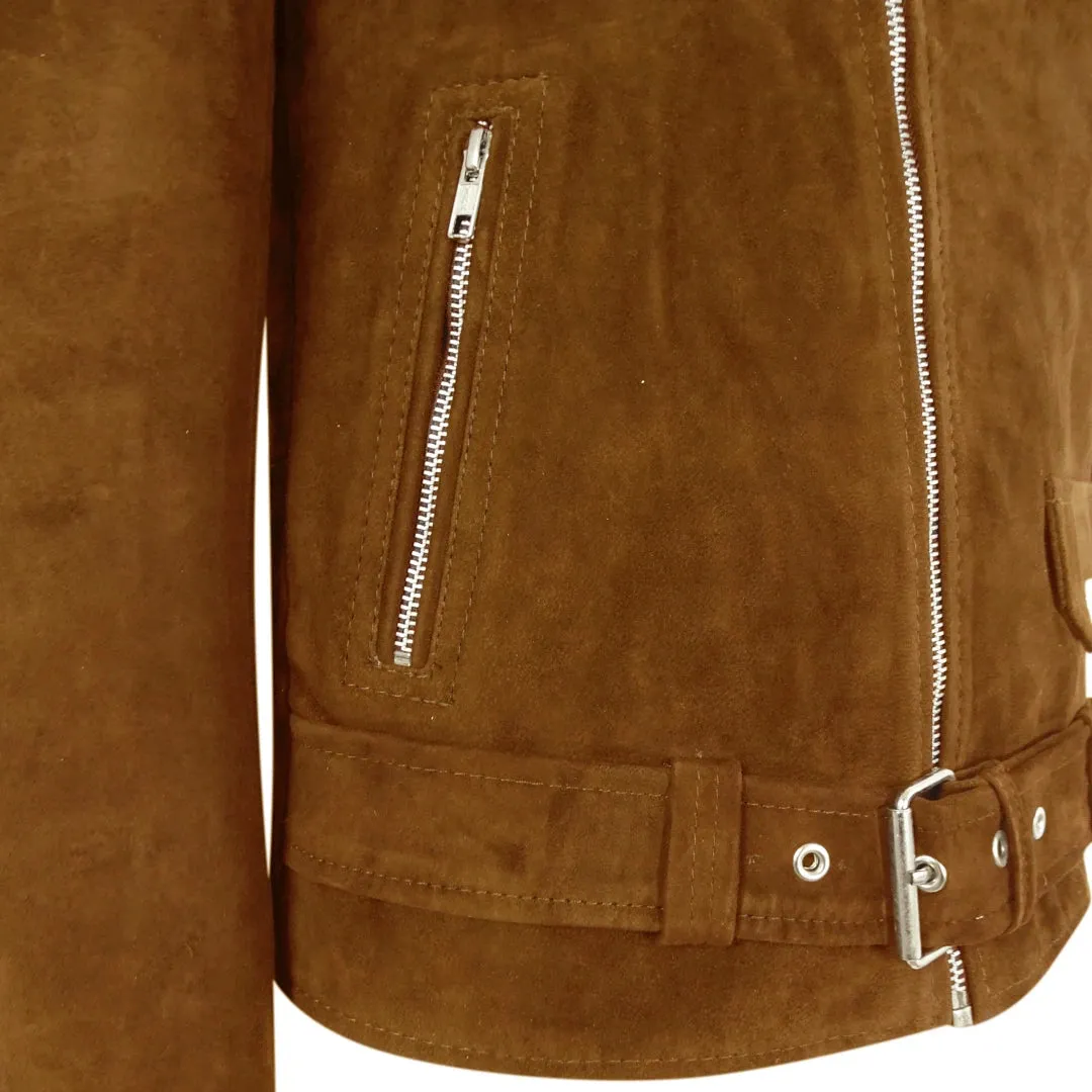 Men's Cross Zip Brando Washed SuedeJacket Brown Tan Camel