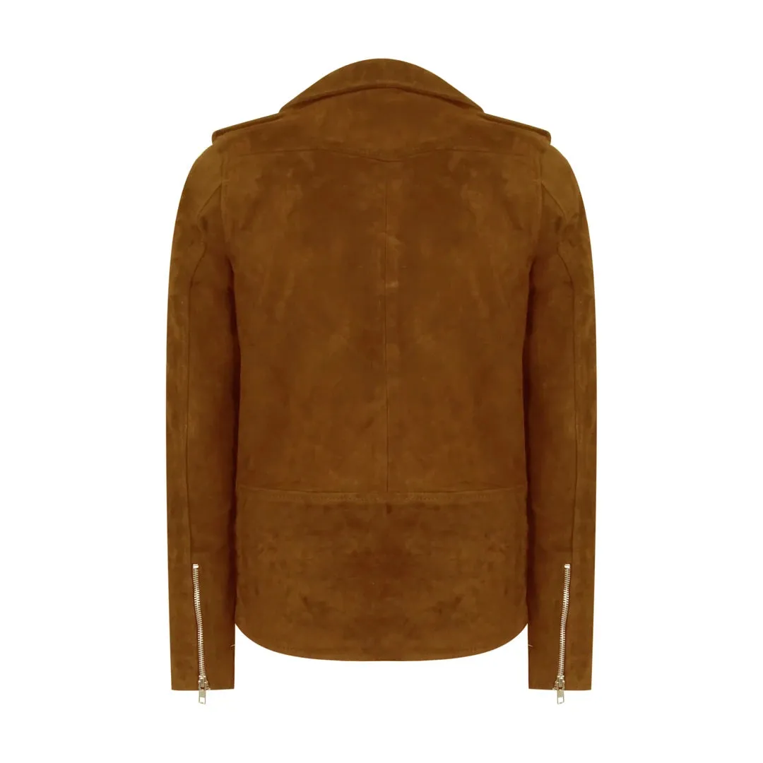 Men's Cross Zip Brando Washed SuedeJacket Brown Tan Camel