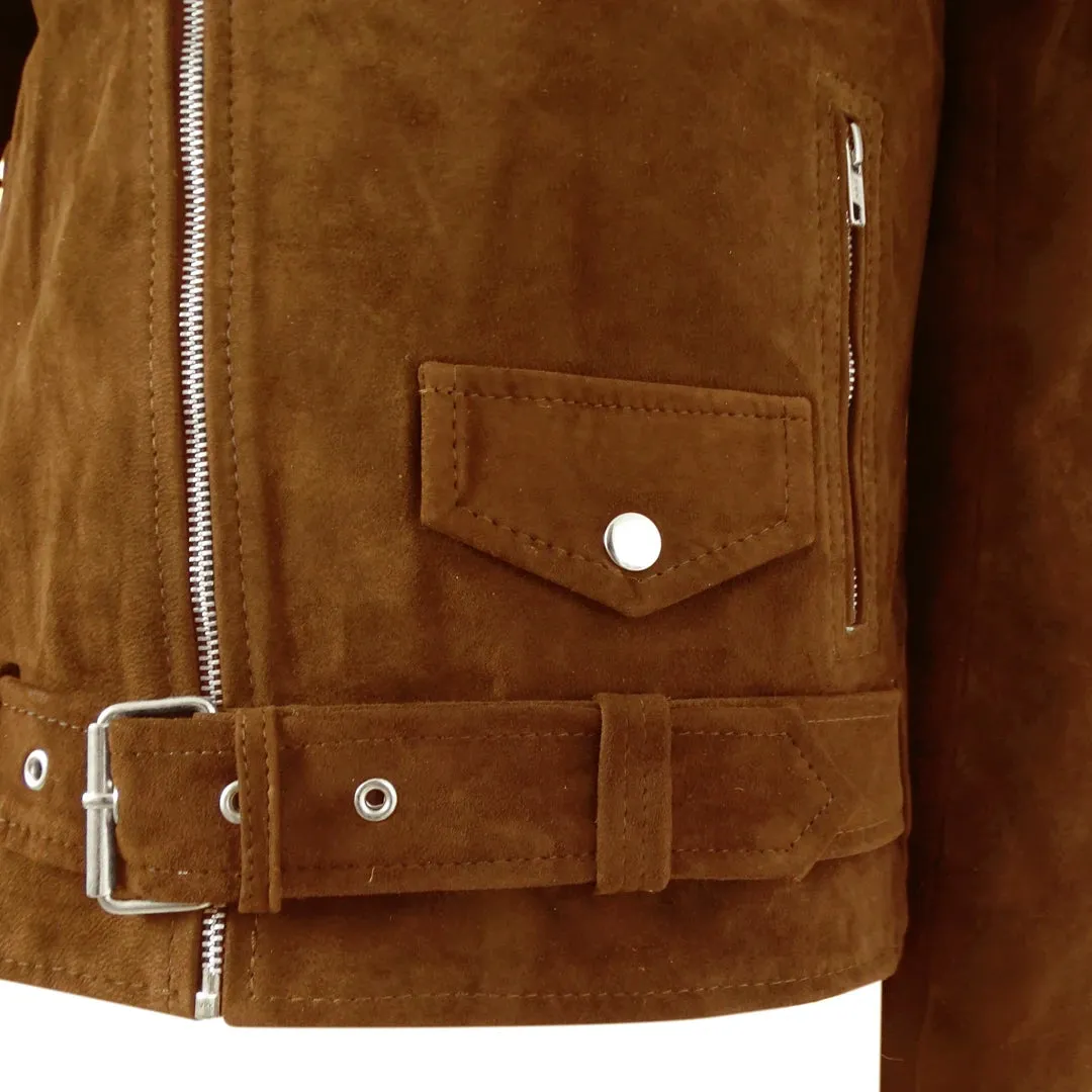 Men's Cross Zip Brando Washed SuedeJacket Brown Tan Camel