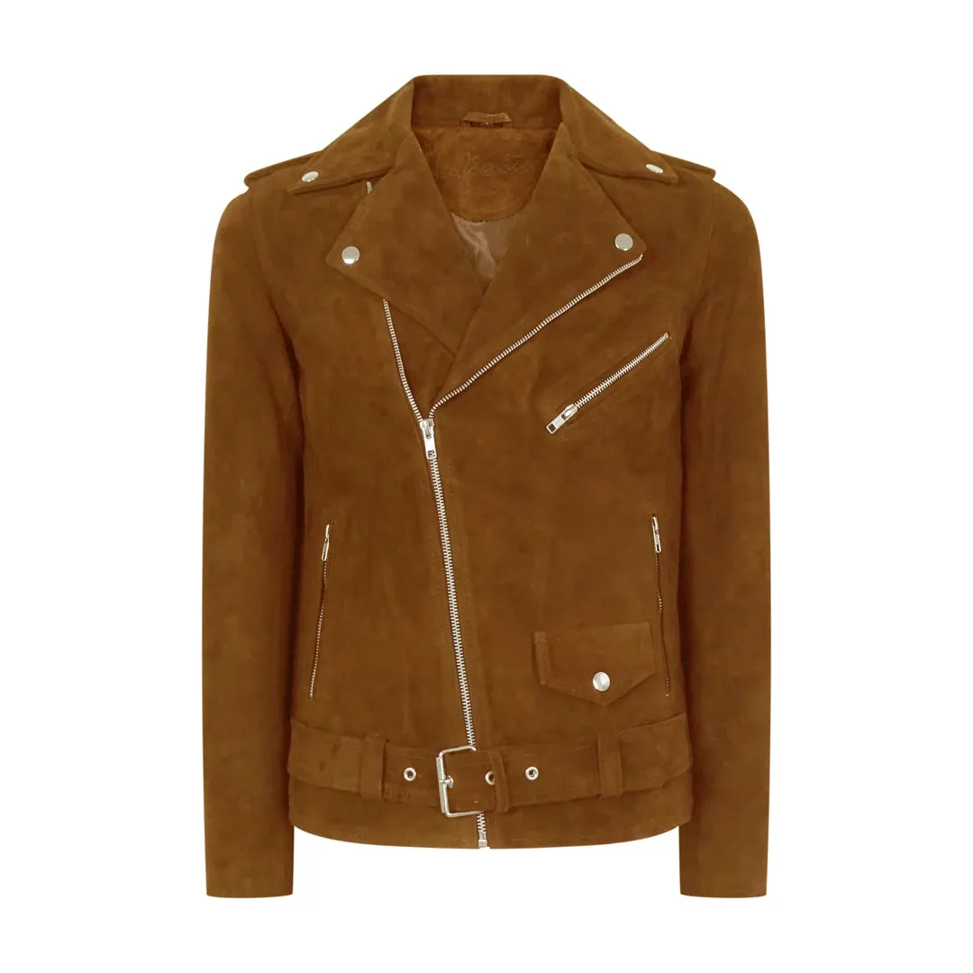 Men's Cross Zip Brando Washed SuedeJacket Brown Tan Camel