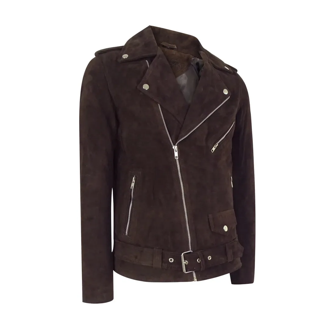 Men's Cross Zip Brando Washed SuedeJacket Brown Tan Camel