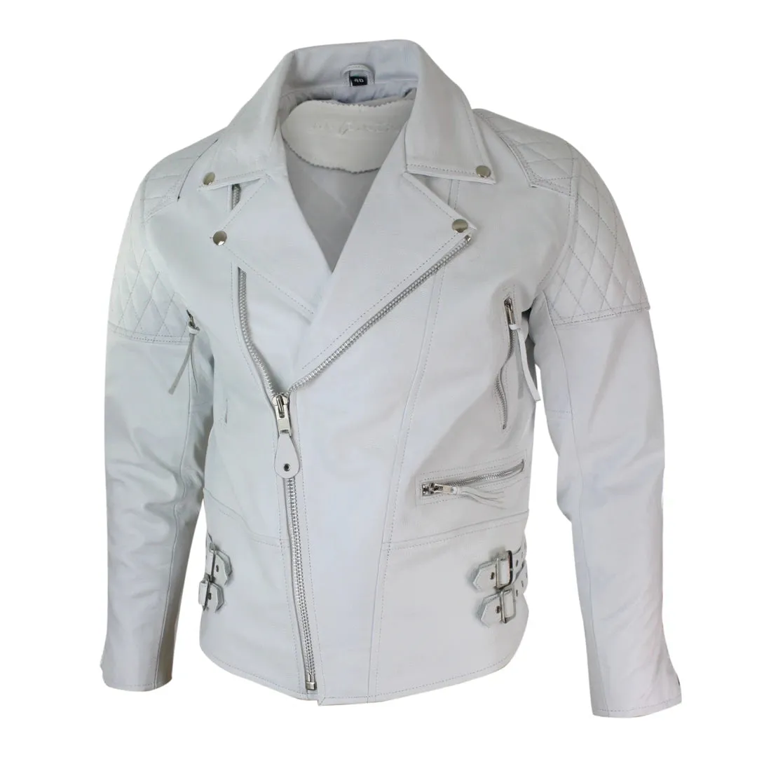 Men's Cross Zip Cow Hide Padded Biker Jacket White Black Brando