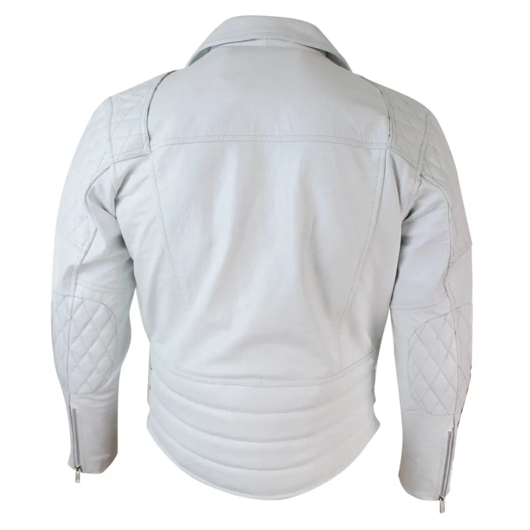 Men's Cross Zip Cow Hide Padded Biker Jacket White Black Brando