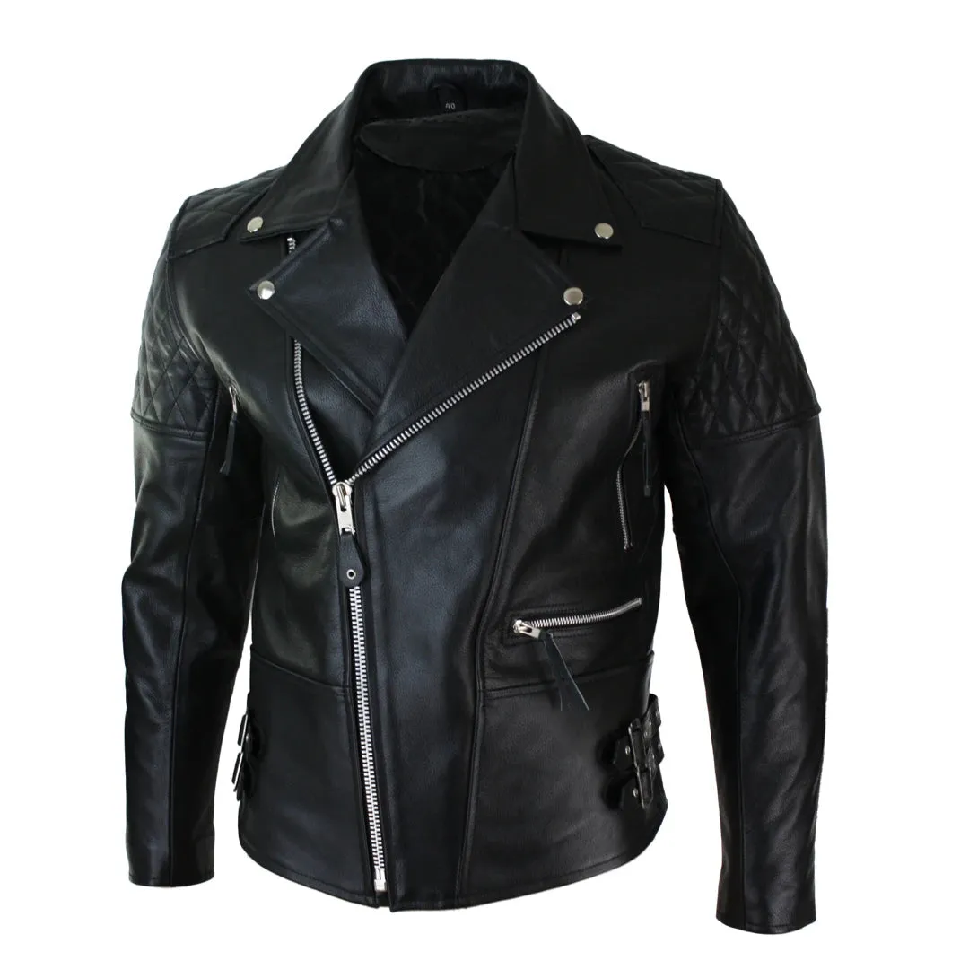 Men's Cross Zip Cow Hide Padded Biker Jacket White Black Brando