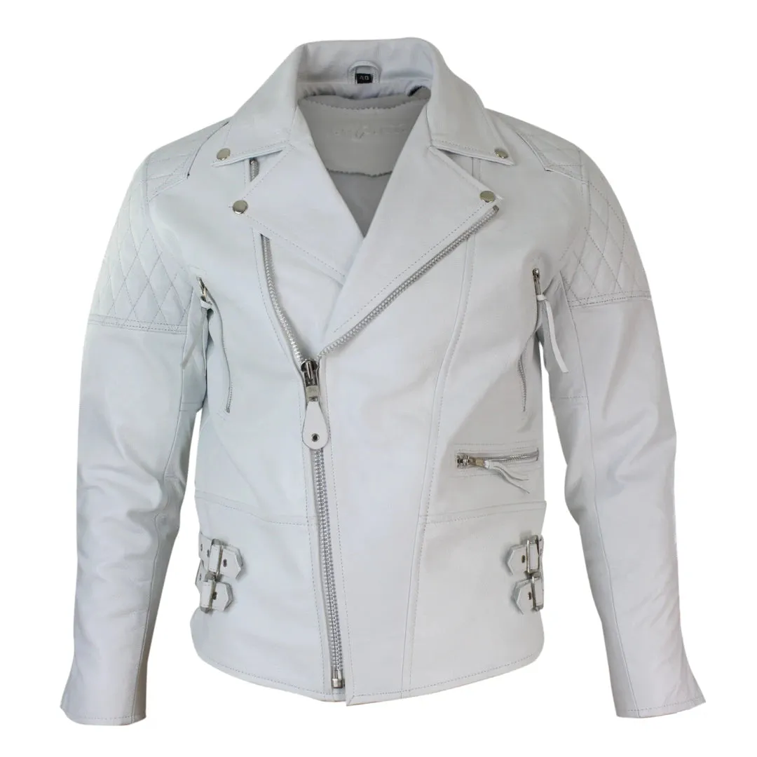 Men's Cross Zip Cow Hide Padded Biker Jacket White Black Brando