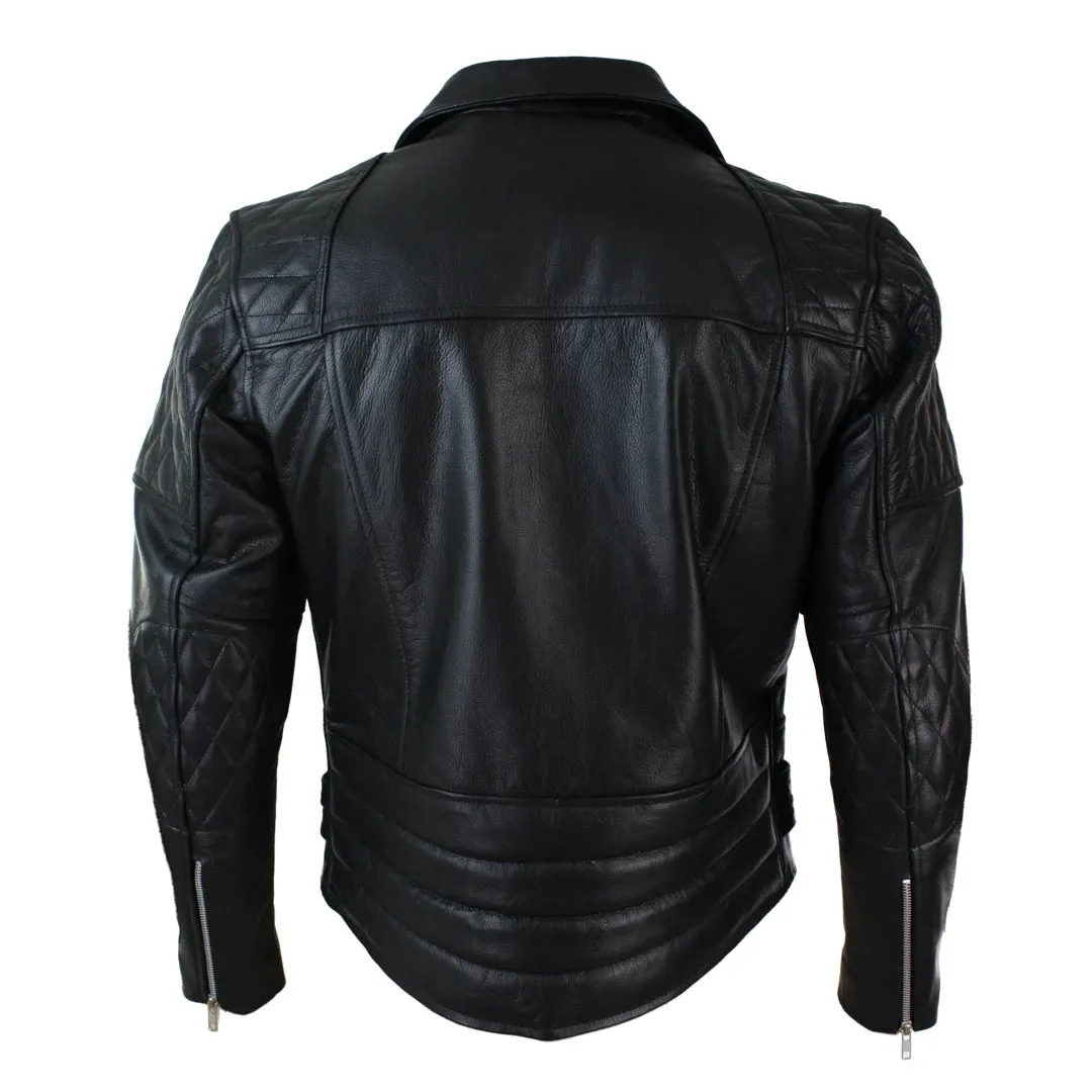 Men's Cross Zip Cow Hide Padded Biker Jacket White Black Brando