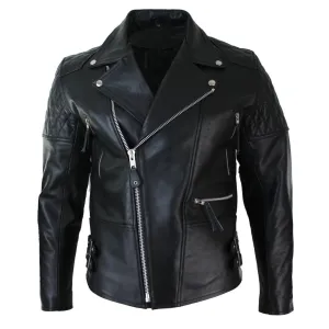 Men's Cross Zip Cow Hide Padded Biker Jacket White Black Brando