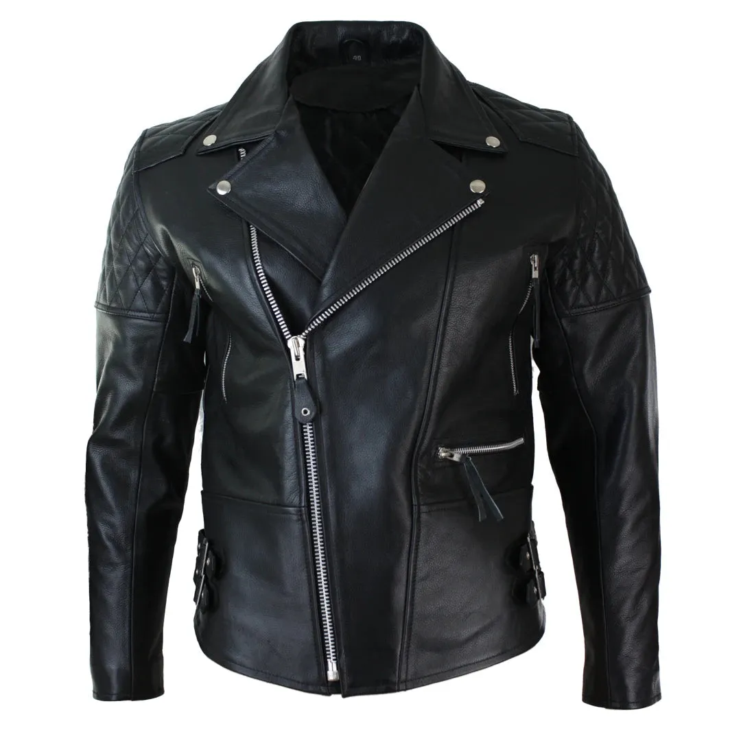 Men's Cross Zip Cow Hide Padded Biker Jacket White Black Brando