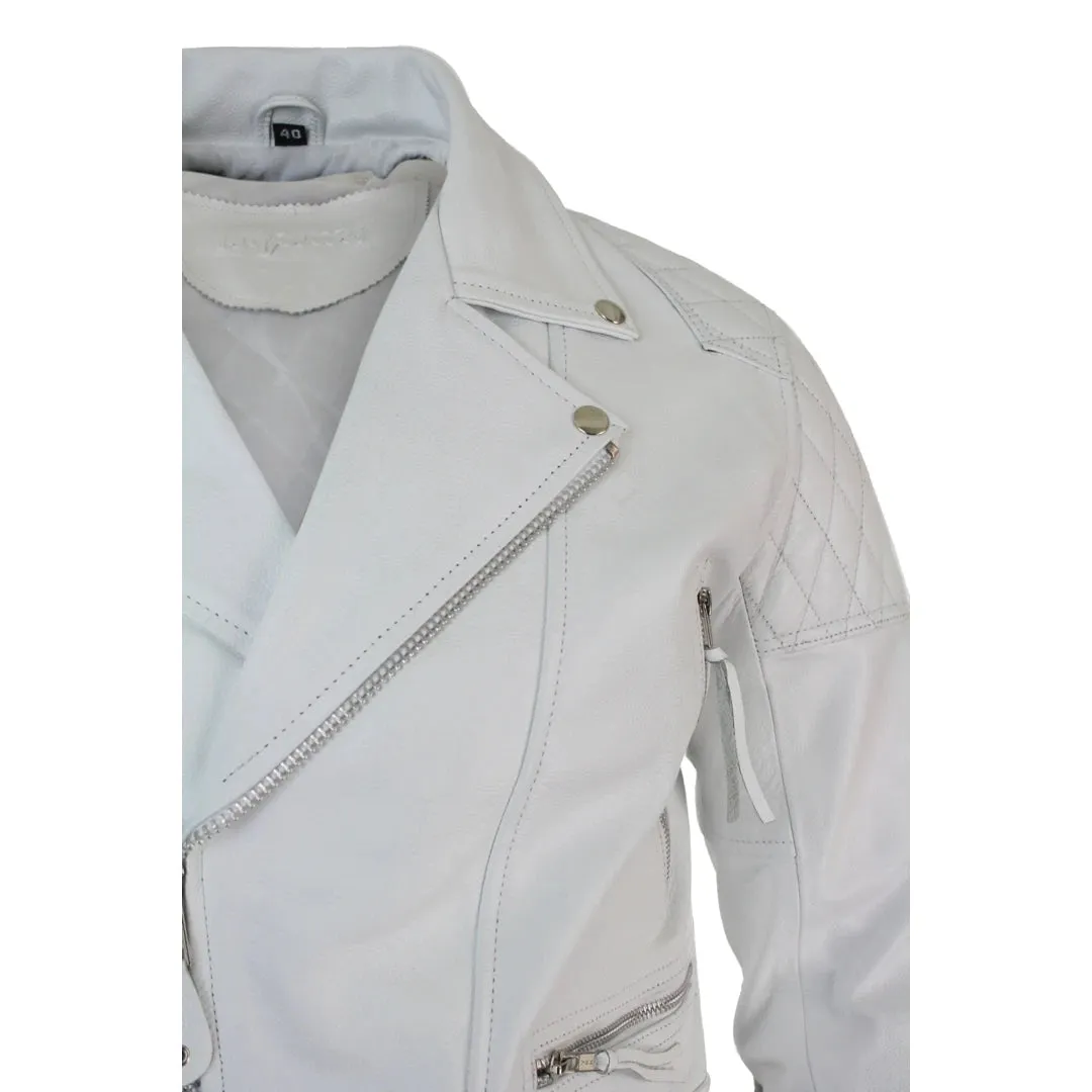 Men's Cross Zip Cow Hide Padded Biker Jacket White Black Brando