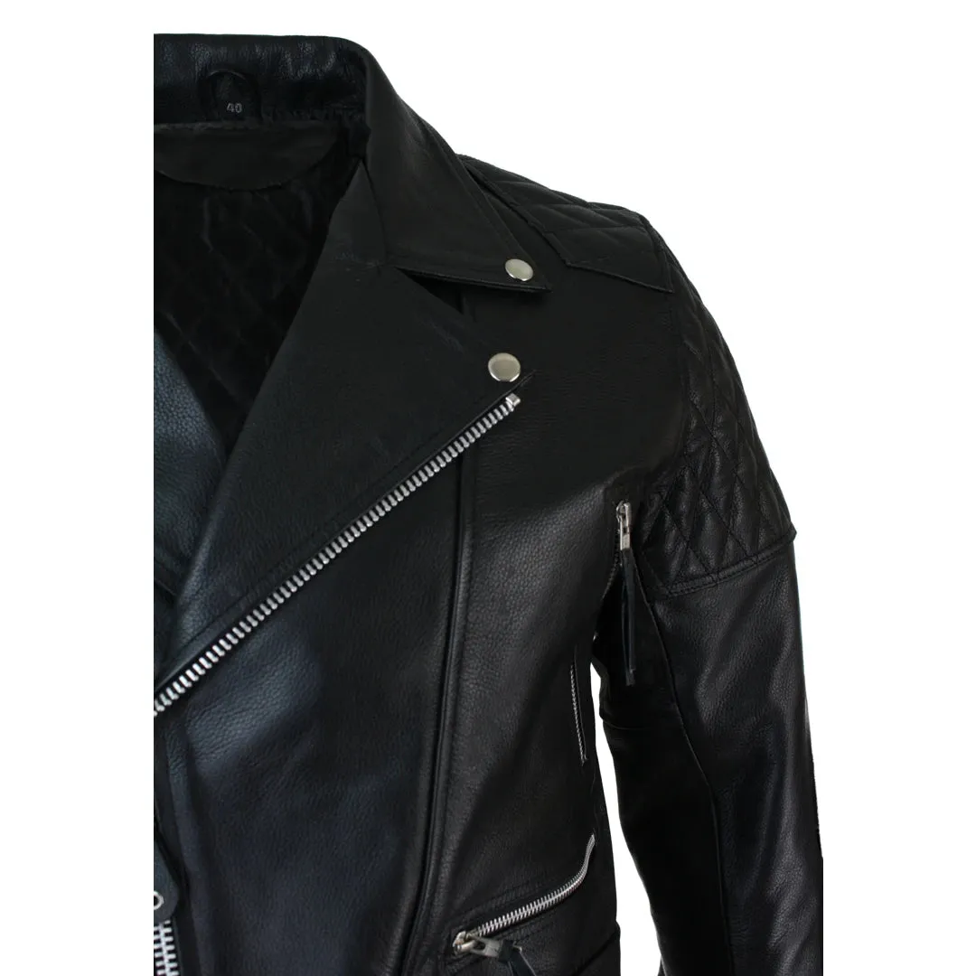 Men's Cross Zip Cow Hide Padded Biker Jacket White Black Brando