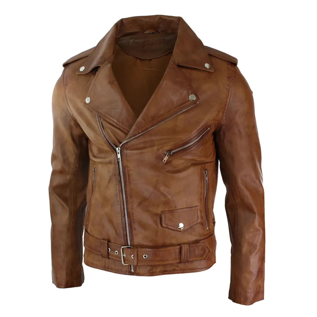 Men's Cross Zip Tan Brown Brando Soft Leather Jacket