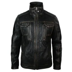 Men's Distressed Jacket Washed Leather Brown Black Rub Off
