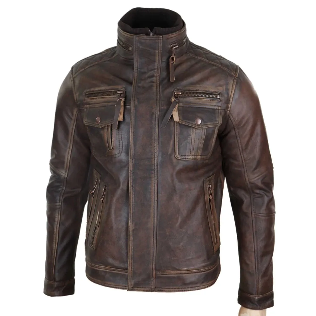 Men's Distressed Leather Biker Jacket Brown