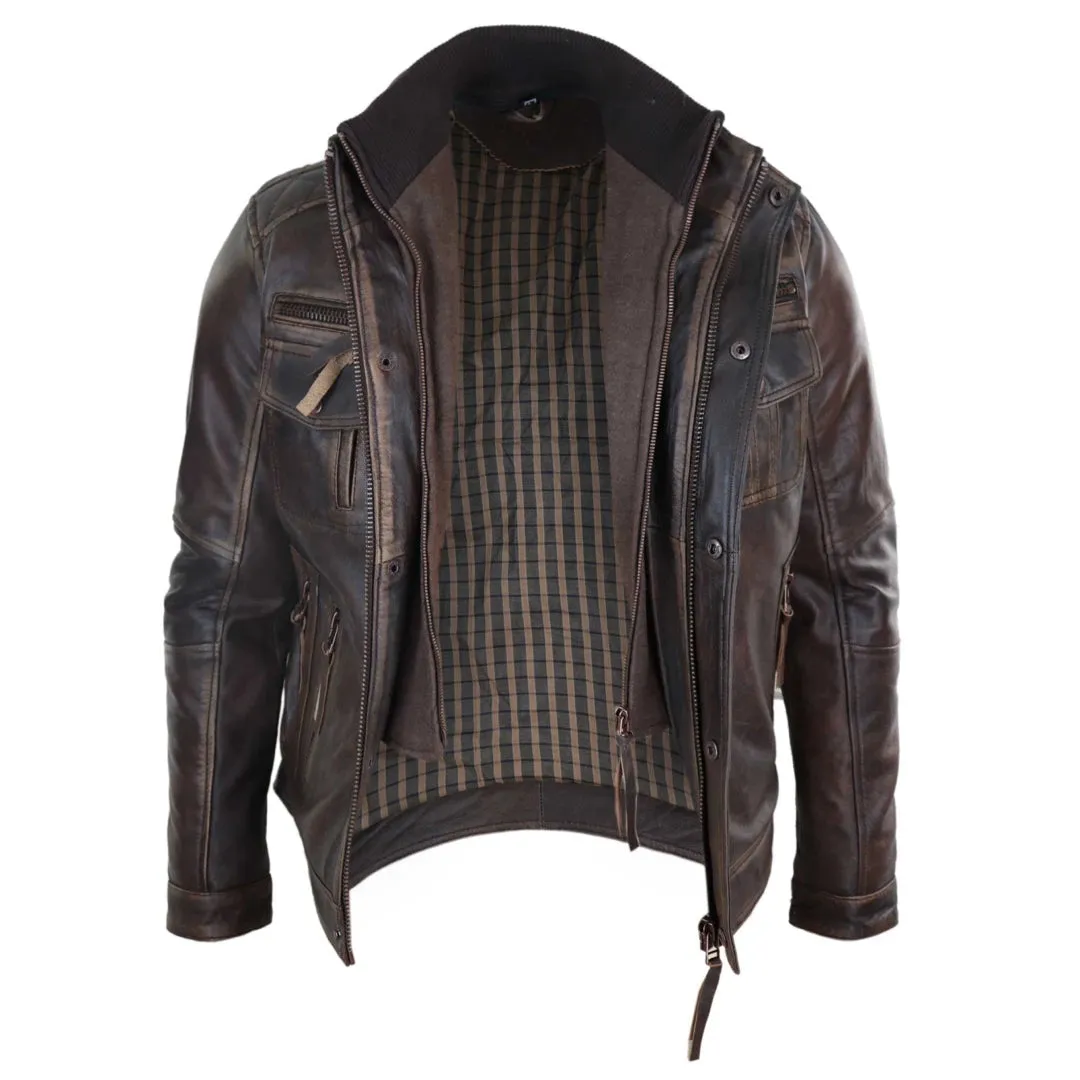 Men's Distressed Leather Biker Jacket Brown