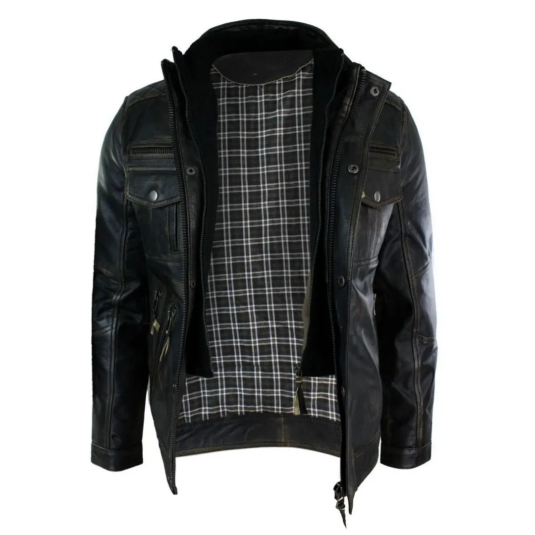 Men's Distressed Ruboff Black Brown Military Leather Jacket