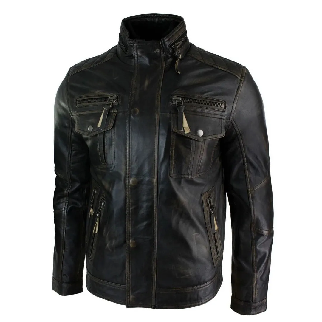 Men's Distressed Ruboff Black Brown Military Leather Jacket