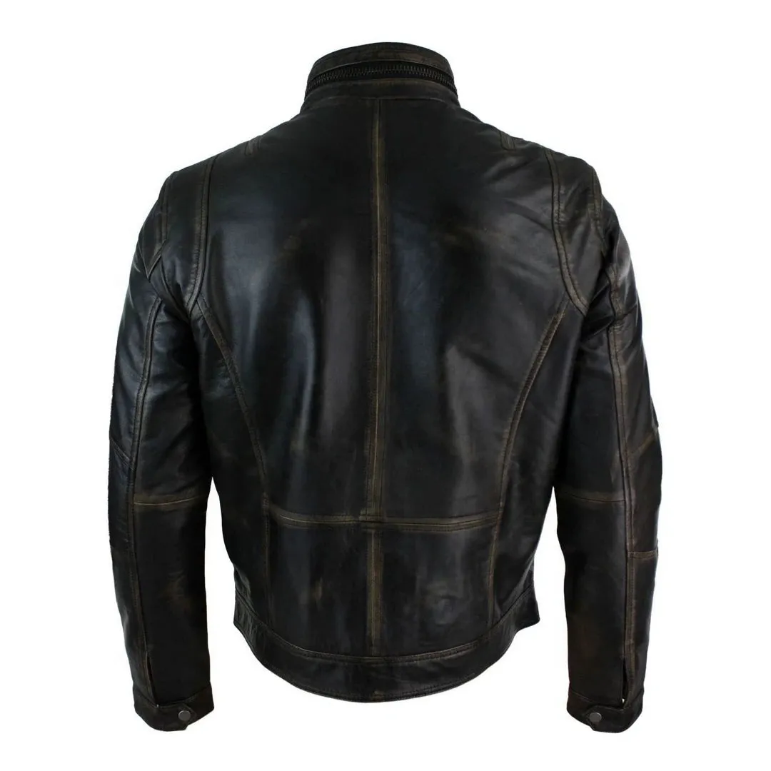 Men's Distressed Ruboff Black Brown Military Leather Jacket