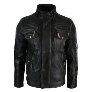Men's Distressed Ruboff Black Brown Military Leather Jacket
