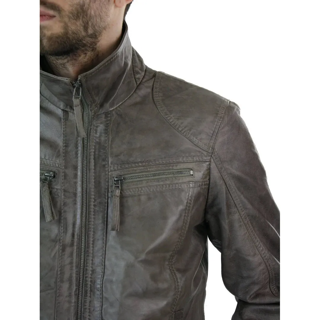 Men's Grey Leather Jacket  Biker Box Style Zipped Casual Retro