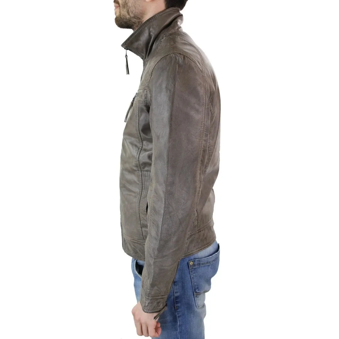 Men's Grey Leather Jacket  Biker Box Style Zipped Casual Retro