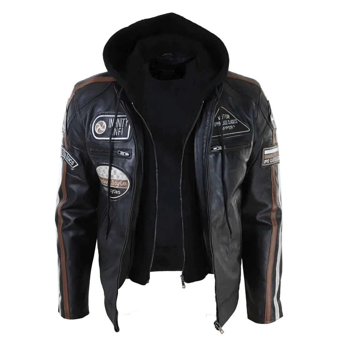 Men's Hooded Zipped Biker Leather Jacket