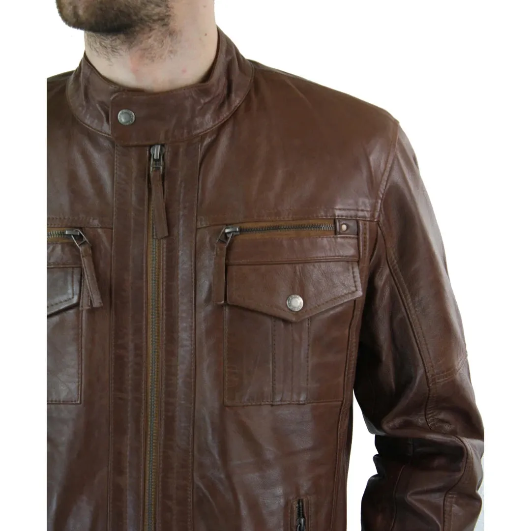 Men's Leather Biker Jacket Zipped Nehru Grandad Collar Regular Fit