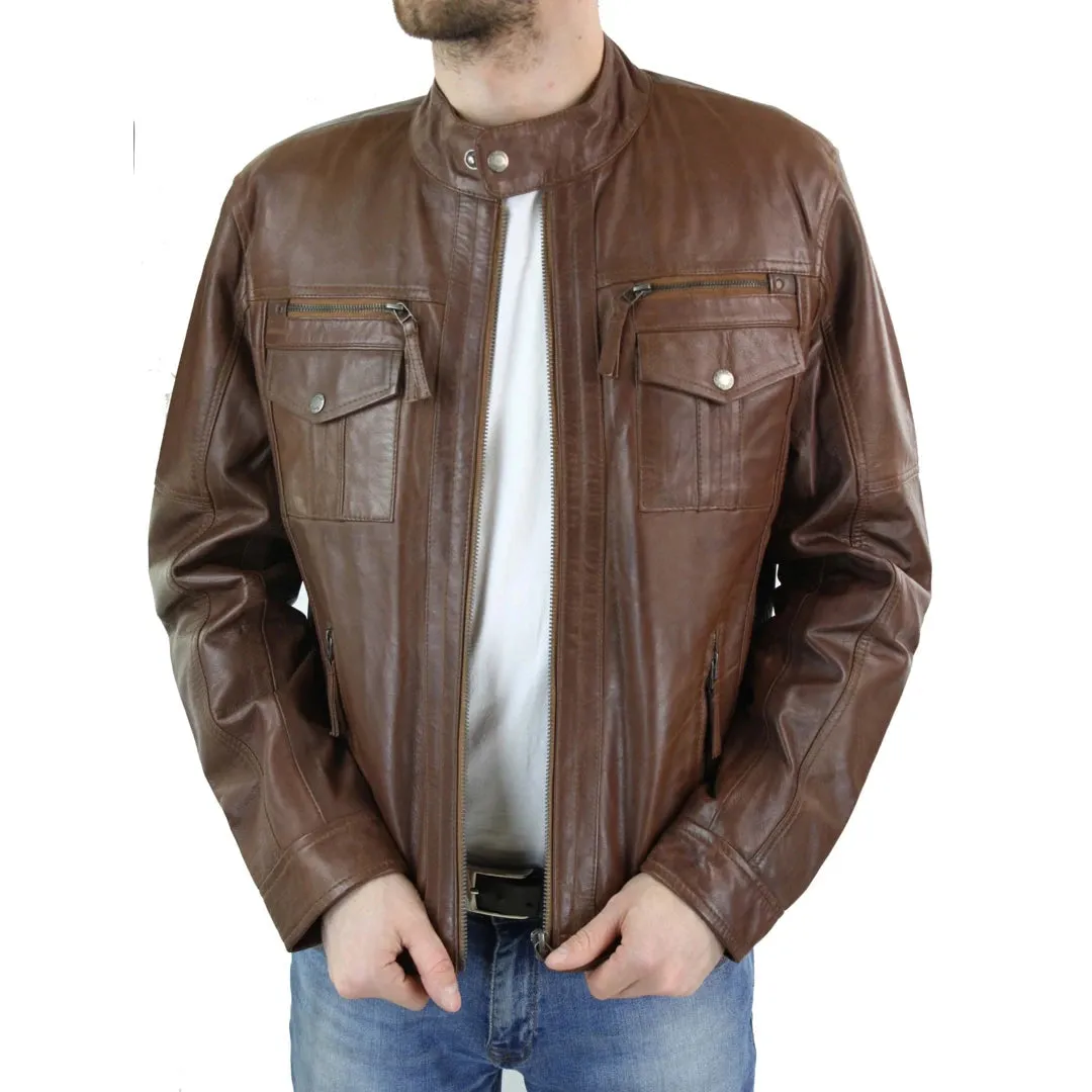 Men's Leather Biker Jacket Zipped Nehru Grandad Collar Regular Fit