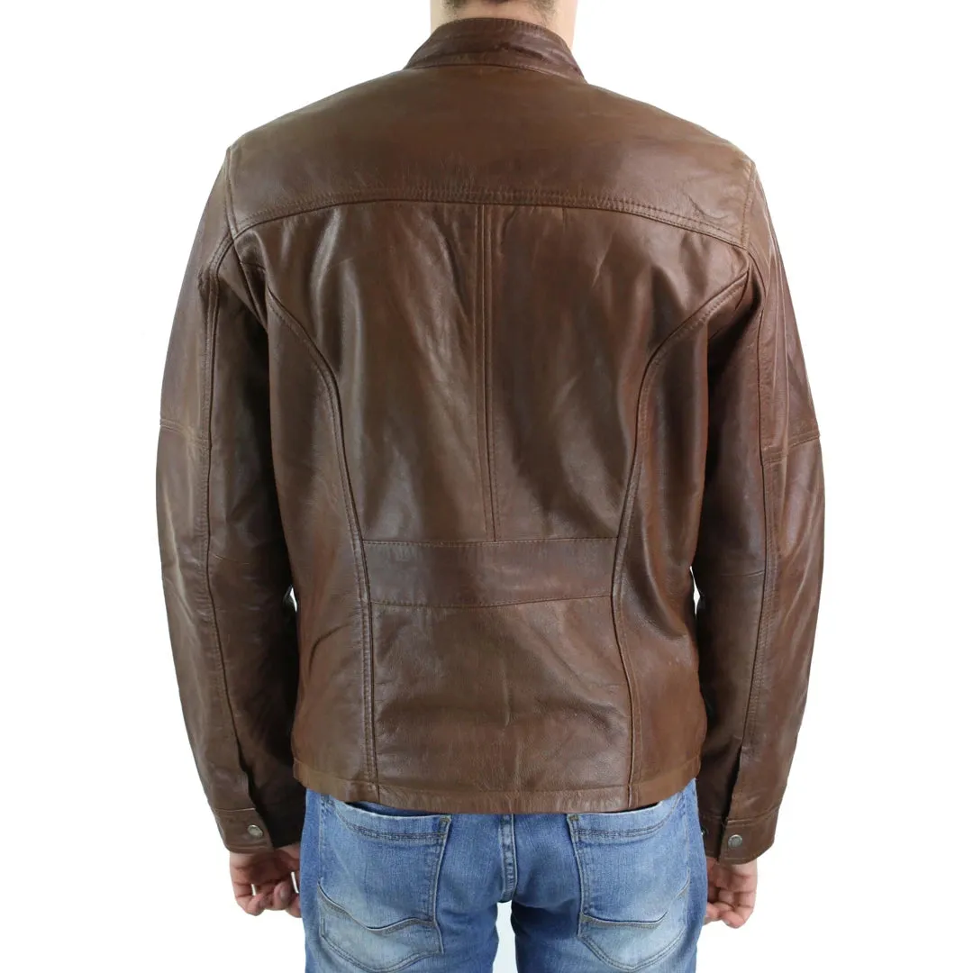 Men's Leather Biker Jacket Zipped Nehru Grandad Collar Regular Fit