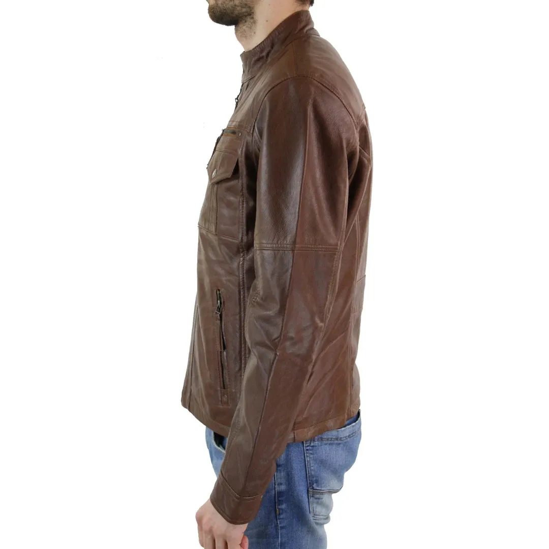 Men's Leather Biker Jacket Zipped Nehru Grandad Collar Regular Fit