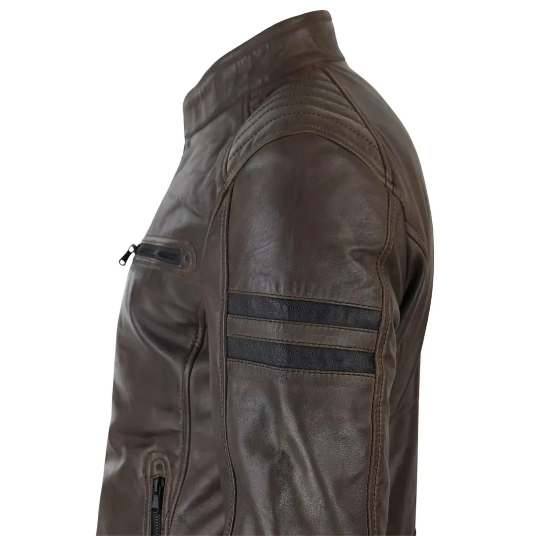 Men's Leather Biker Racing Jacket Red Stripes Zip Black Short