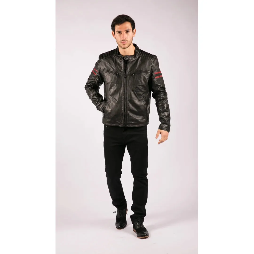 Men's Leather Biker Racing Jacket Red Stripes Zip Black Short